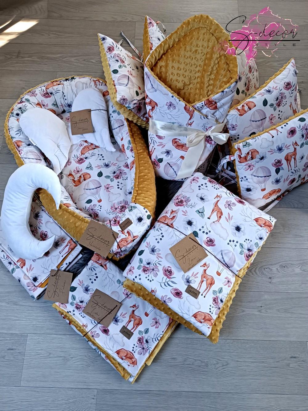 Set polštářkový mantinel, hnízdečko, zavinovačka, měsíček,  letní a zimní deka, povlečení, andělská křídla (premium/deluxe)